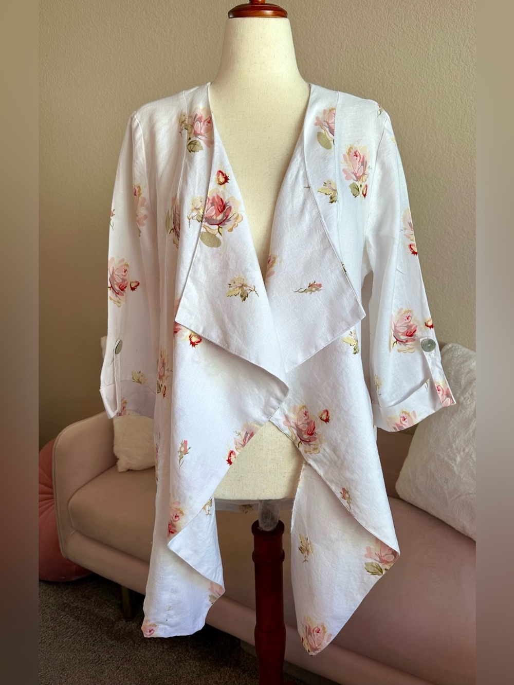 FOR CYNTHIA Open Front Draped Cardigan Duster White 100% Linen Pink Floral Large